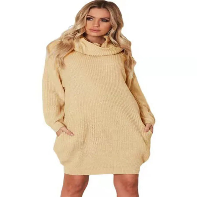 Women's pullover sweater with loose lapel and side pockets in slim mid-length fit