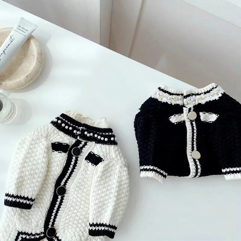 Korean style puppy sweater with pearl collar for small dogs, available in black and white