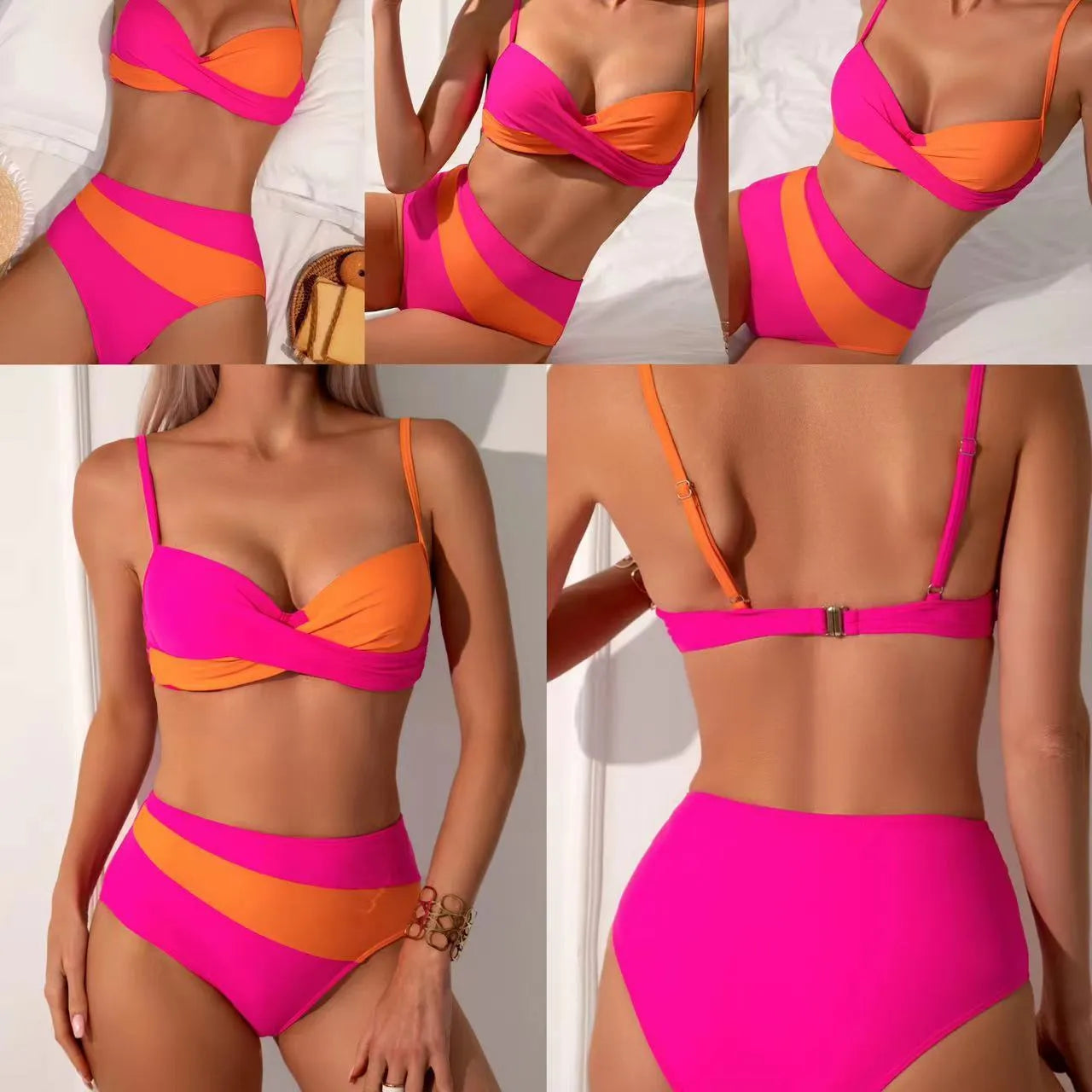 Women's orange split bikini with steel bracket and matching underwear