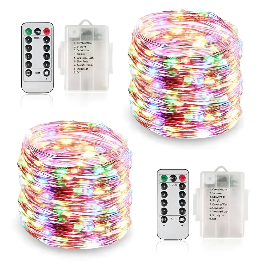 12 metre copper wire LED string lights with 120 bulbs in battery-powered light post