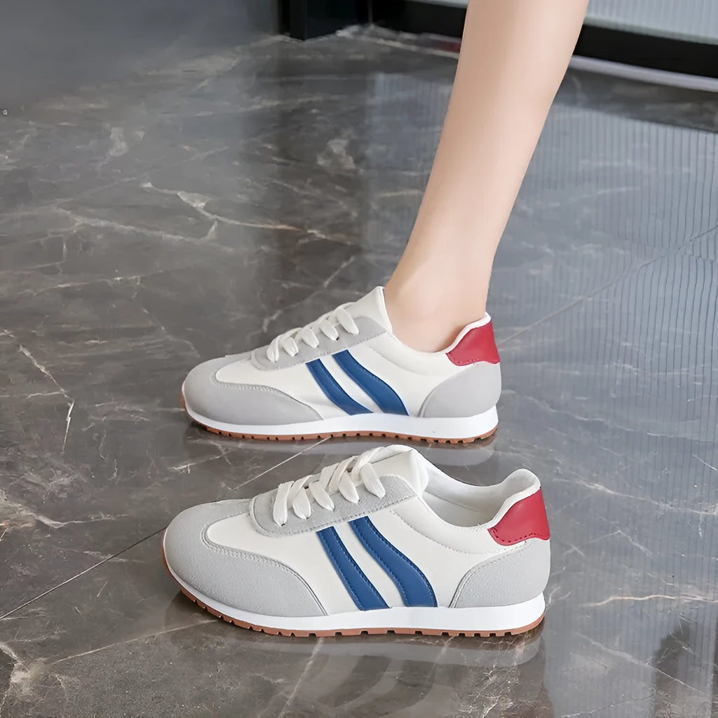 Blue and grey Cortez stripes leisure sports shoes with flat rubber soles and round toe