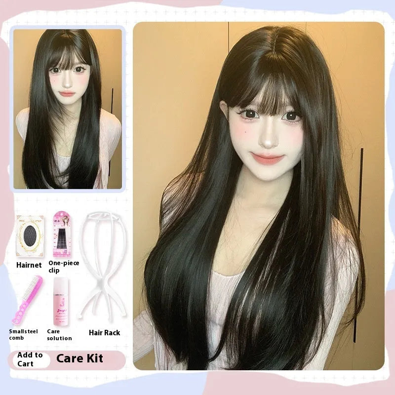 Dark brown long straight synthetic wig with a full fringe on a wig head.