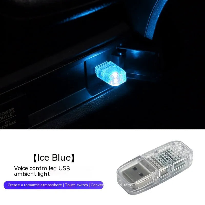 Car USB atmosphere light with multi-colour changing modes including blue, white, pink and RGB options