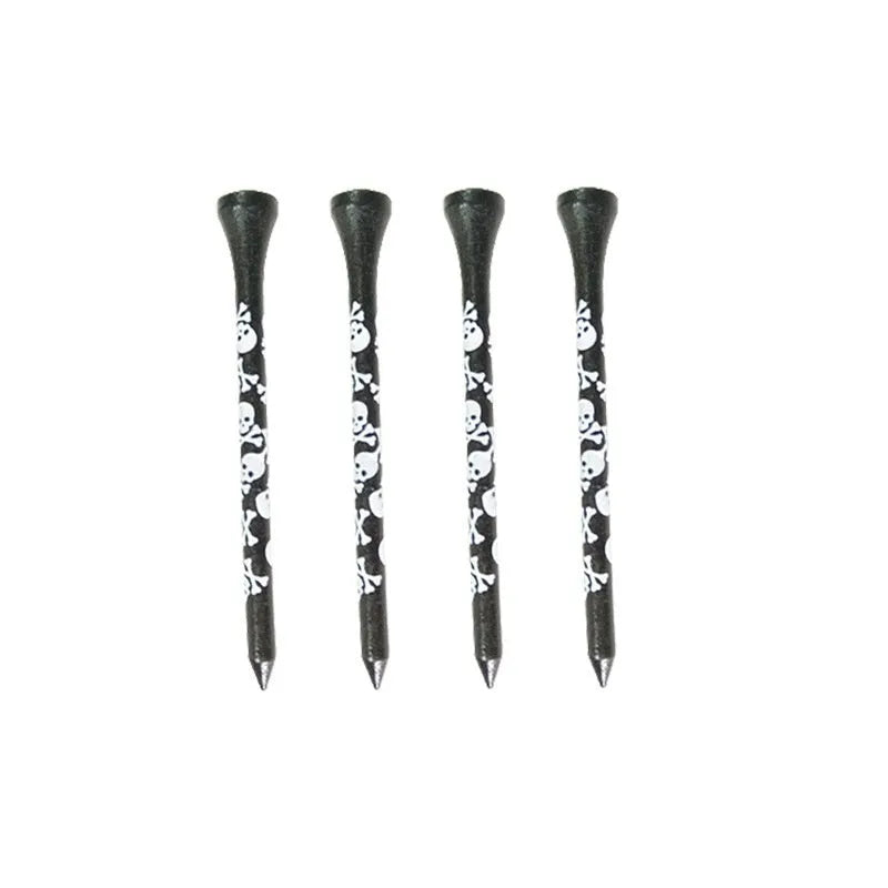 Pack of ten black bamboo golf spike dowel pins with skull print, showing 70mm and 83mm length options