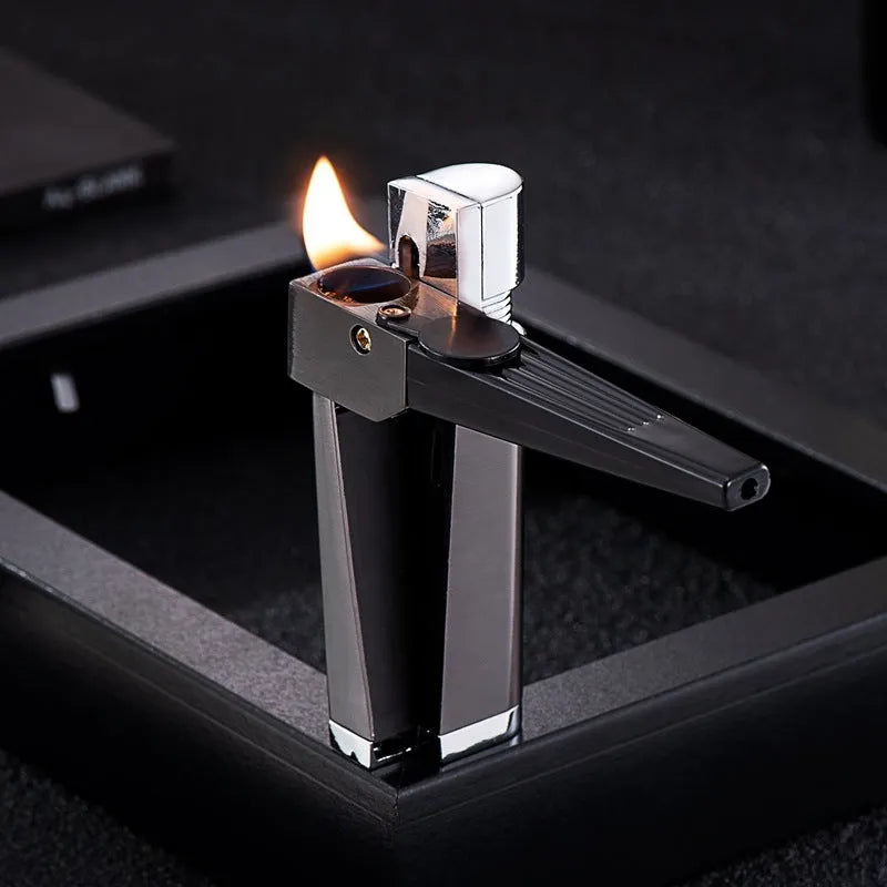 Silver foldable metal pipe lighter shown open, revealing the lighter mechanism and a small stash compartment.