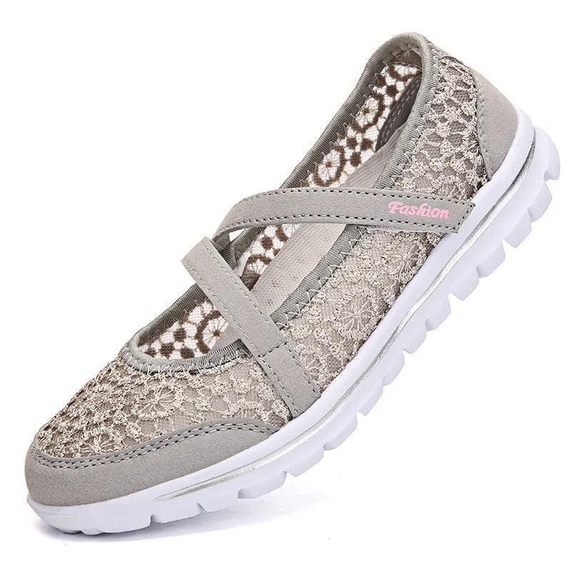 Women's breathable mesh casual lace-up shoes in beige, black, blue, light gray, and light purple colours