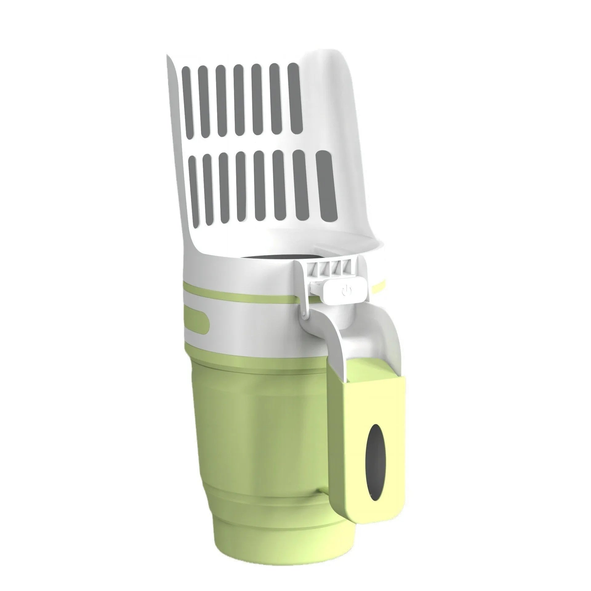 Grey self-cleaning cat litter scoop with attached waste bin and foldable bottom