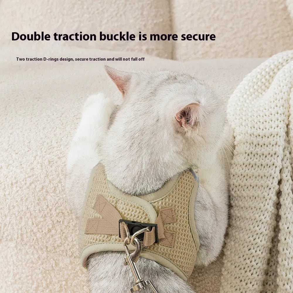 Cloth cat harness with chest strap and hand-holding rope in brown, green, purple colour options