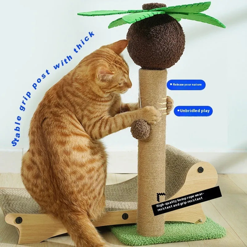 Wooden beach chair-style cat climbing frame with integrated nest, scratch board, and hemp mat