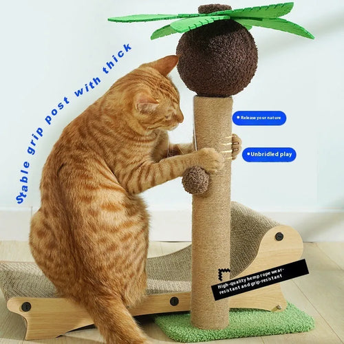 Wooden beach chair-style cat climbing frame with integrated nest, scratch board, and hemp mat