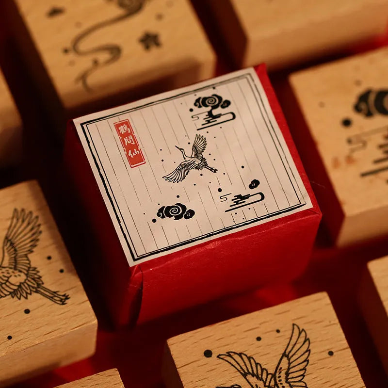 Mr. Paper Wooden Seal Stamp in Crane on the Moon design from the Huahegui series.