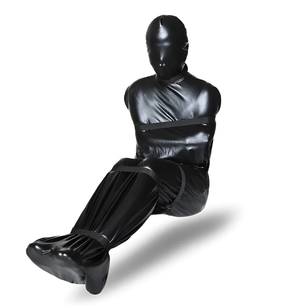 Black patent leather bondage restraint kit with body wrap and six ratchet tie down straps