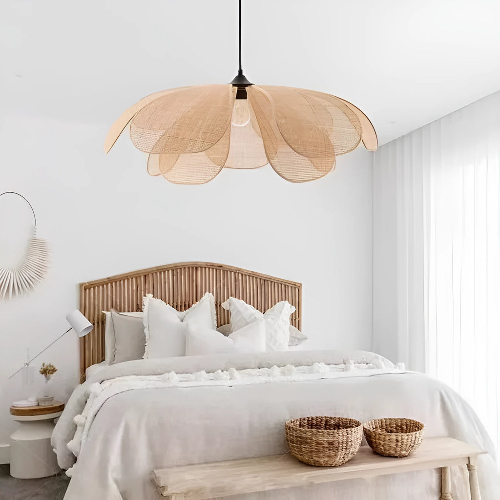 Creative handmade rattan petal chandelier natural bamboo ceiling lamp diameter 60cm with soft LED lighting