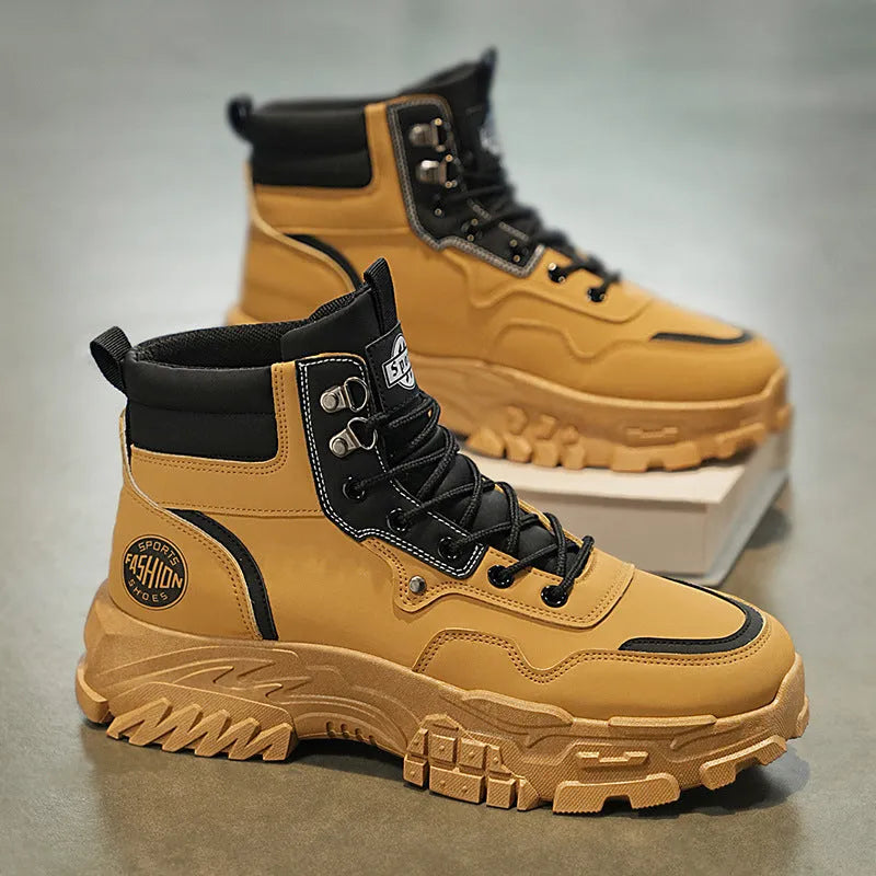 Men's black and yellow Martin boots with artificial PU upper and injection moulded soles