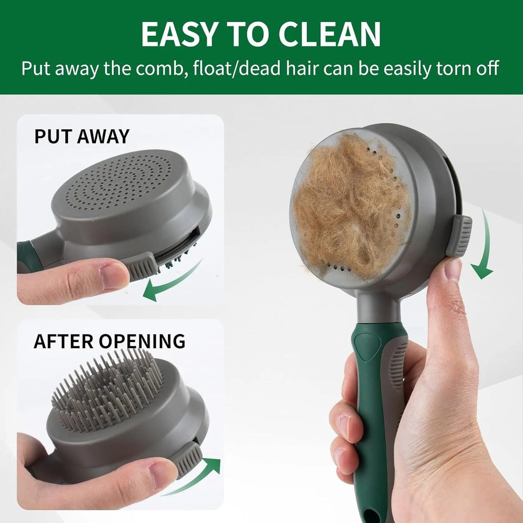 Green and pink dual-sided pet grooming brush with retractable slicker brush and silicone massager pins