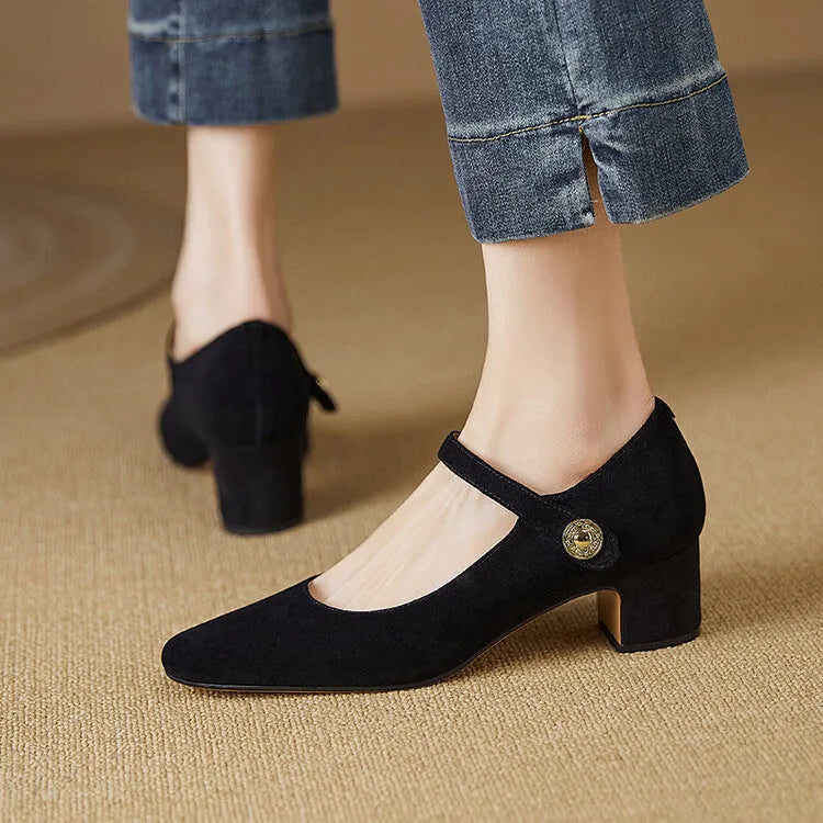 Mary Jane season chunky heel pumps women's shallow mouth square toe suede black green