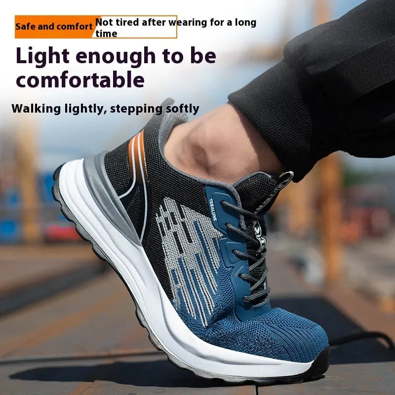 Blue men's lightweight safety work shoes with plastic toe cap and lace-up closure