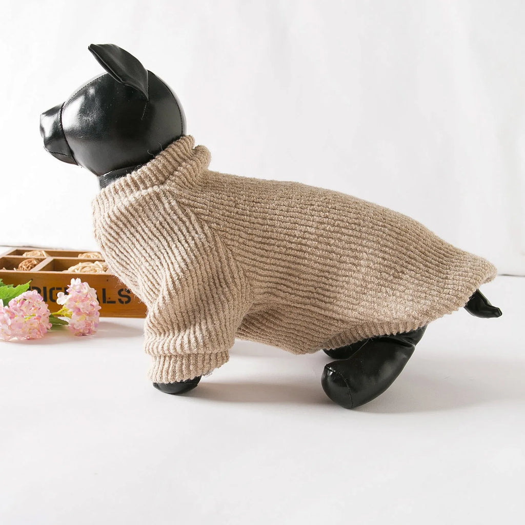 Brown casual cloth sweater for a small dog on a mannequin, showing size range XS to XL.