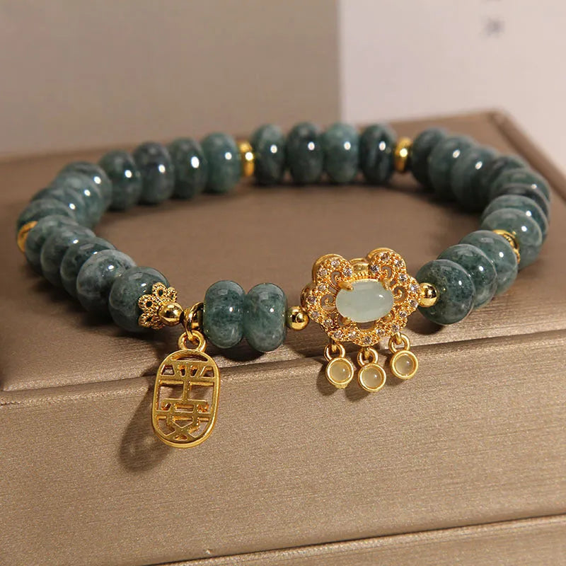 Natural green emerald jade bracelet with alloy safety lock and abacus beads pattern