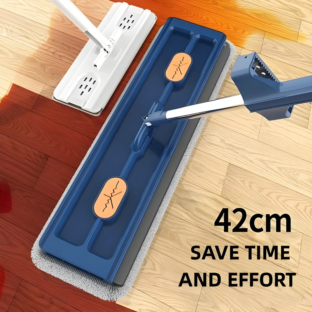 Large flat mop with blue cloth on a wooden floor, showing its 360-degree rotating head and long stainless steel handle.