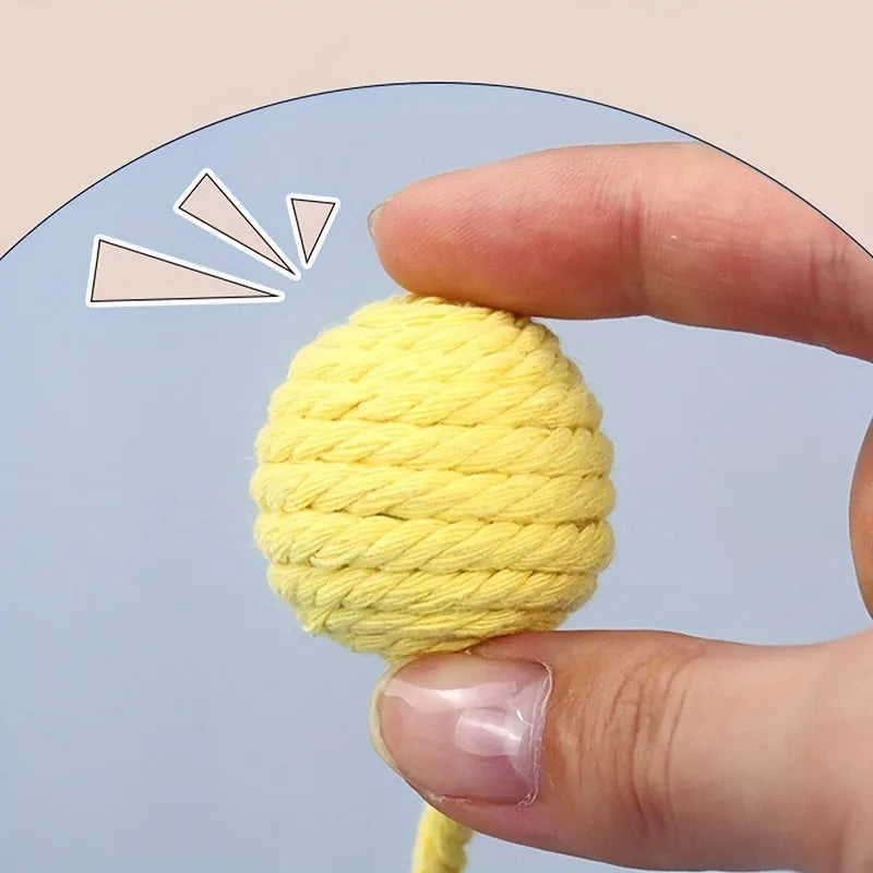 Cat toy ball with rope and bell in green, pink, purple, or yellow colour, small 3cm or medium 6cm size