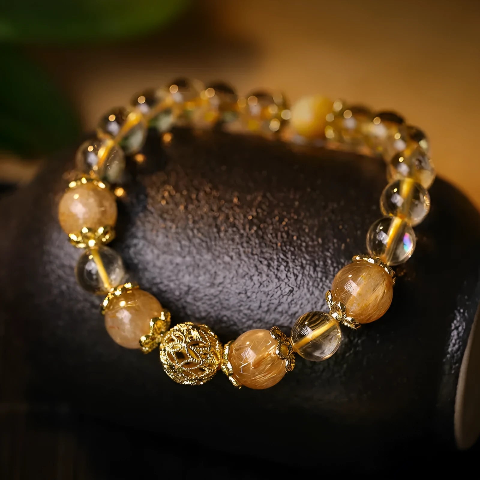 Artificial crystal citrine lucky bracelet for women with electroplated finish in yellow gold or amethyst colours
