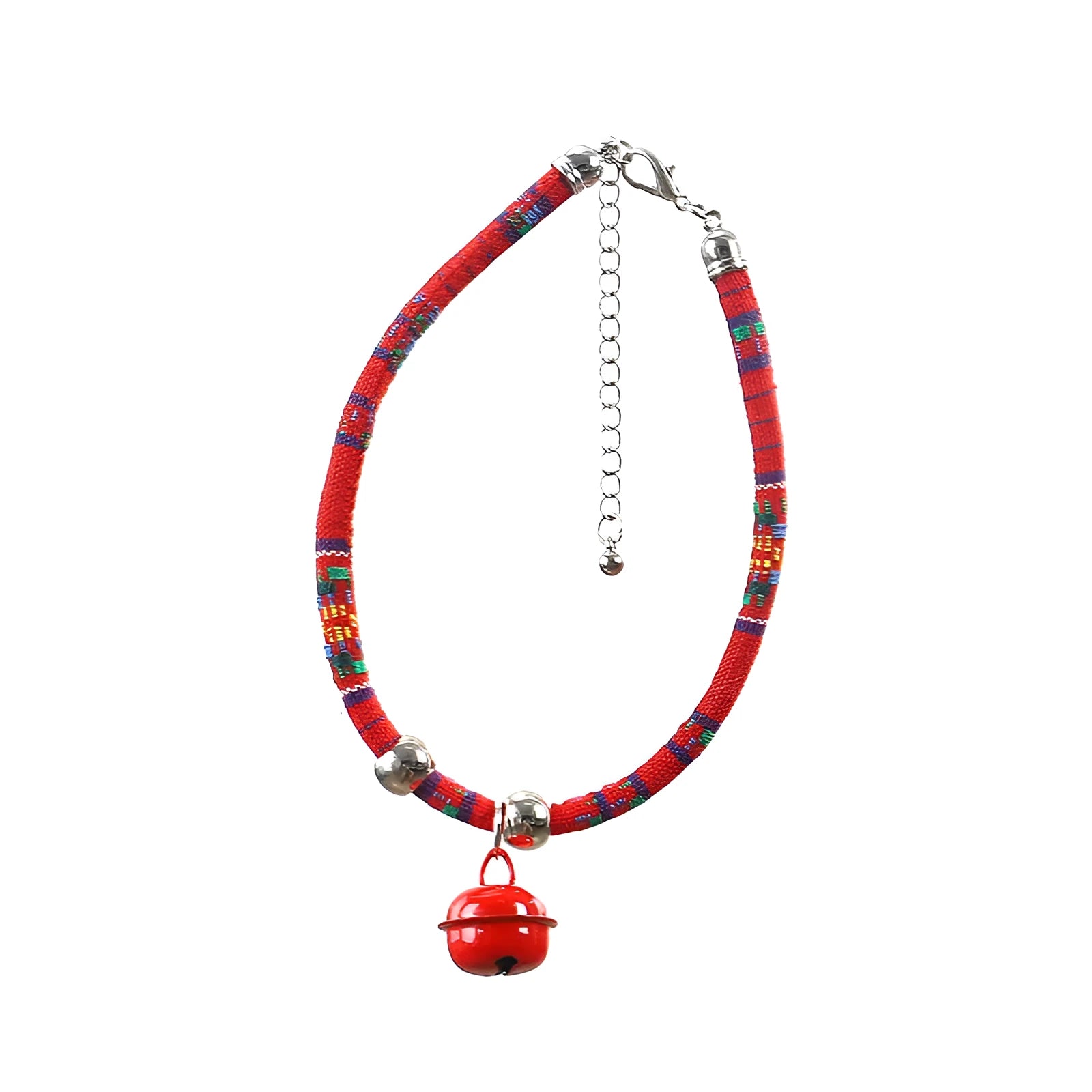 Ethnic style pet collar with bell necklace in five colours including black, blue, pink, red, and white