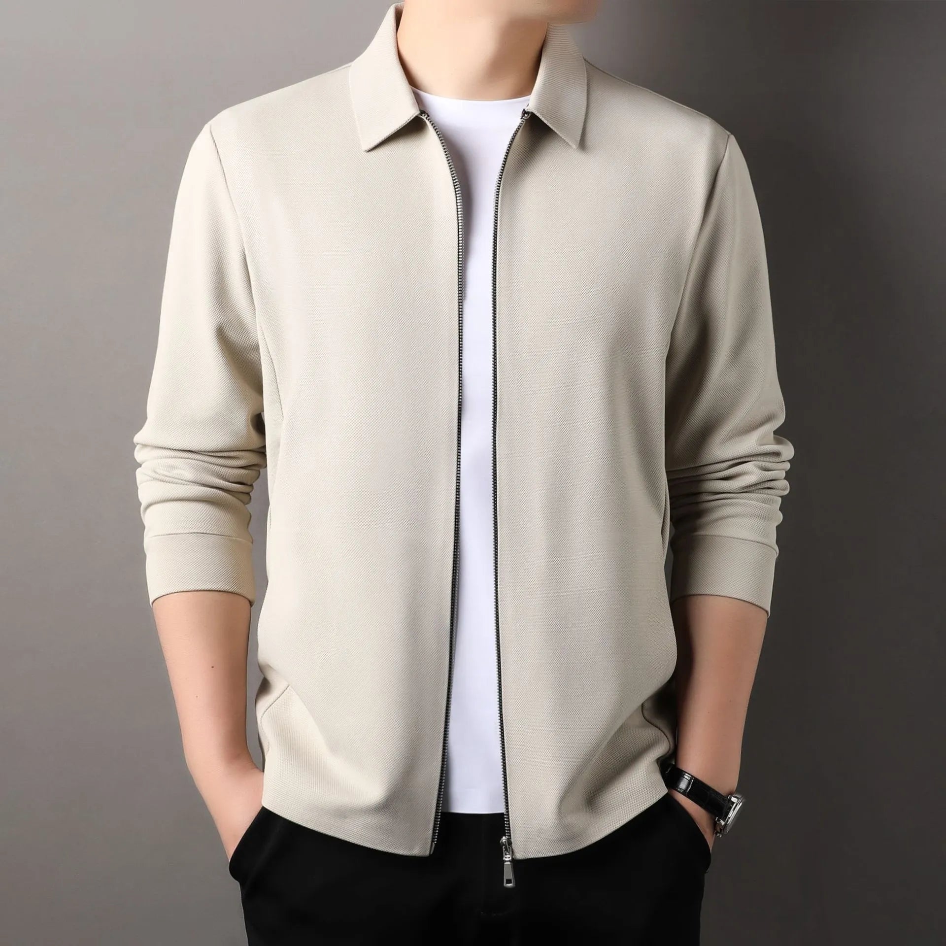 Men's polyester business jacket in apricot colour with regular sleeves and straight hem design