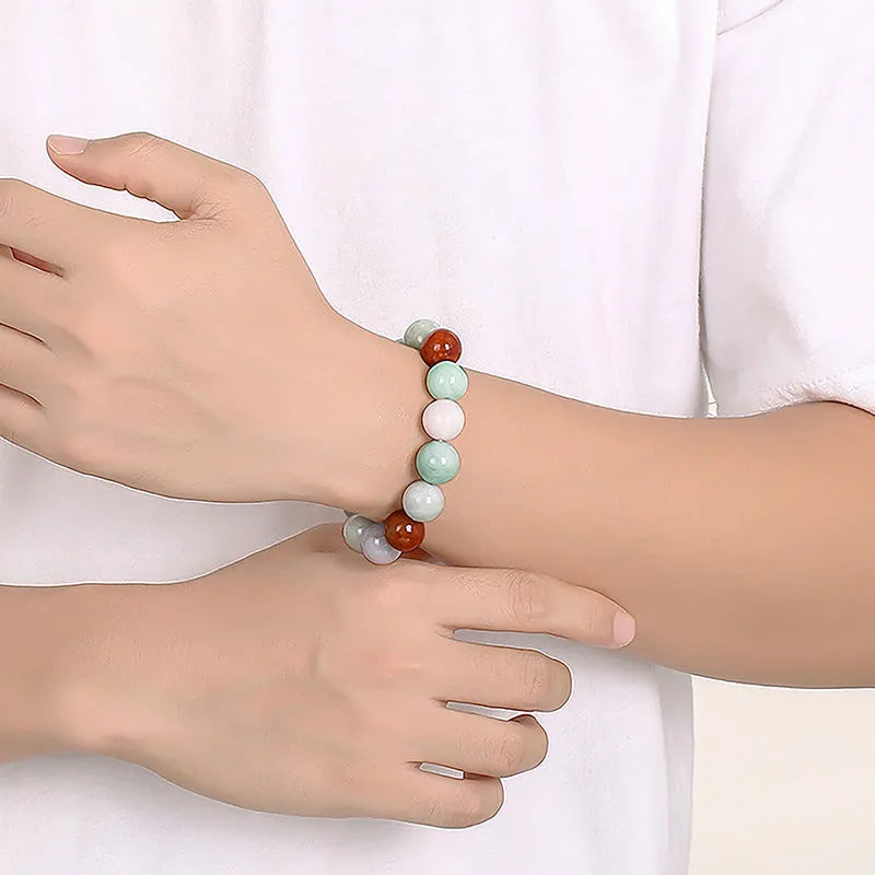 Women's natural Myanmar jade bracelet with 13mm three-colour round beads in national style