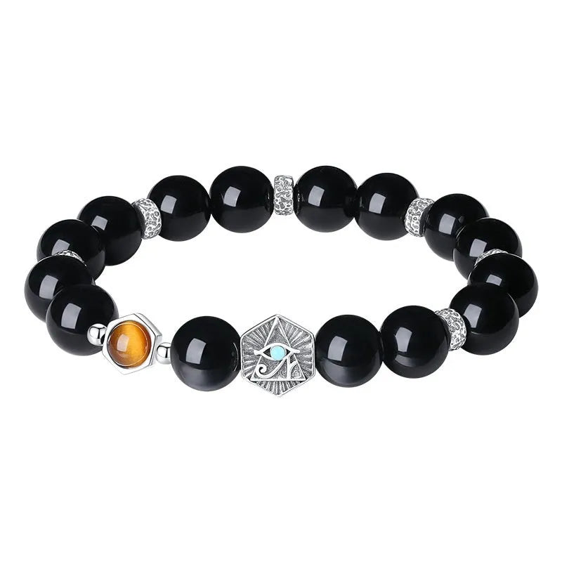 Men's retro-style 925 sterling silver bracelet with an 8mm black obsidian God's Eye charm.