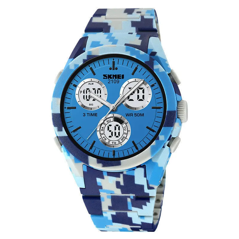 Unisex electronic casual watch with camouflage strap and resin mirror, showing stainless steel side button.