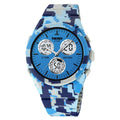 Unisex electronic casual watch with camouflage strap and resin mirror, showing stainless steel side button.