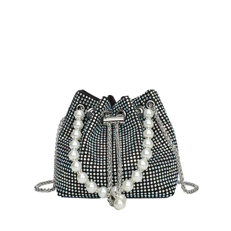 Light diamond western style chain crossbody shoulder bag in soft PU bucket design