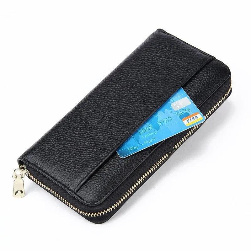 Women's genuine leather RFID blocking wallet in six colour options showing bi-fold design