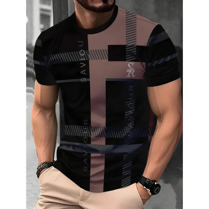 Men's loose fit short sleeve T-shirt with digital 3D printed stripe pattern in polyester fabric