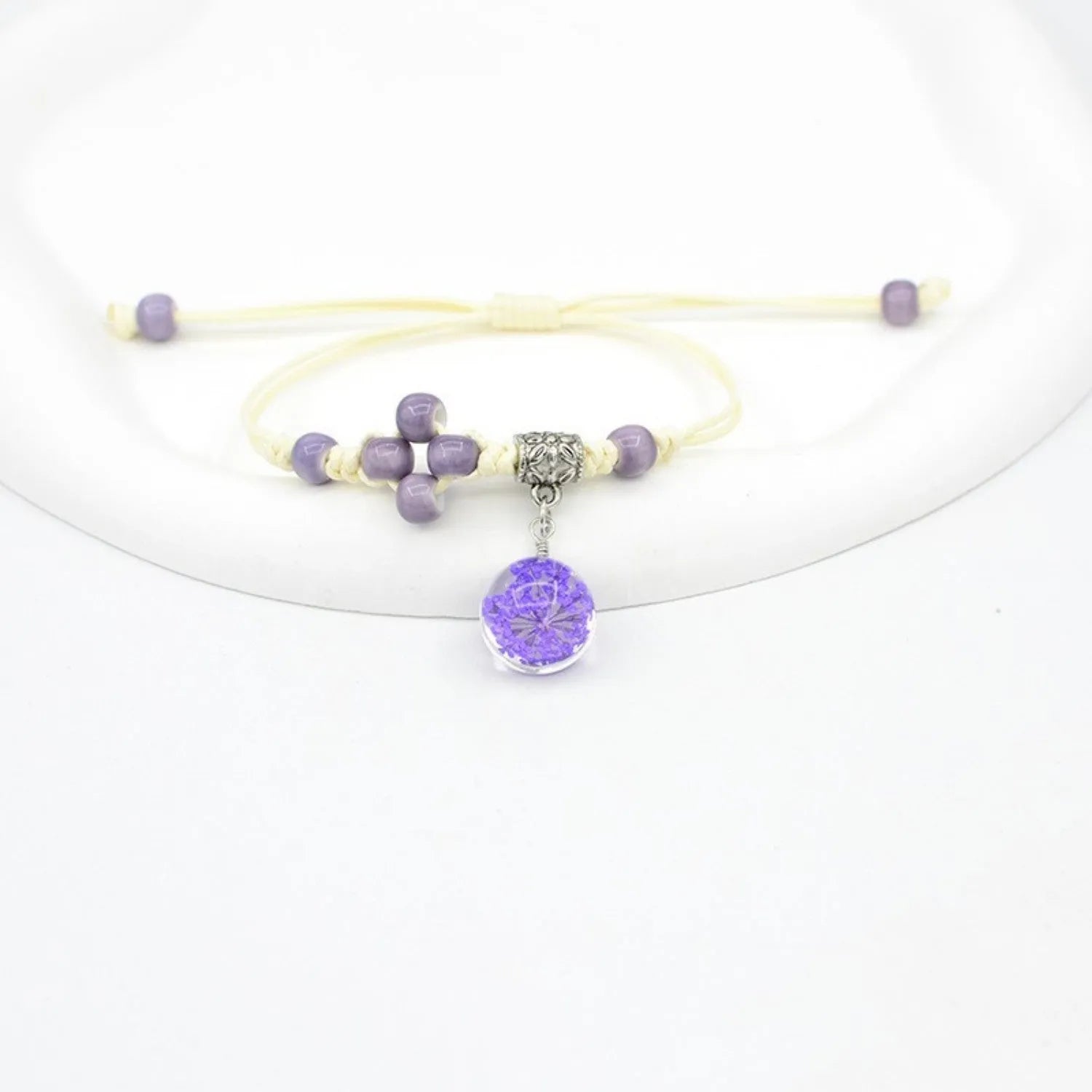 Hand-woven glass bracelet with real dried flowers inside large 1.4cm colored beads for women