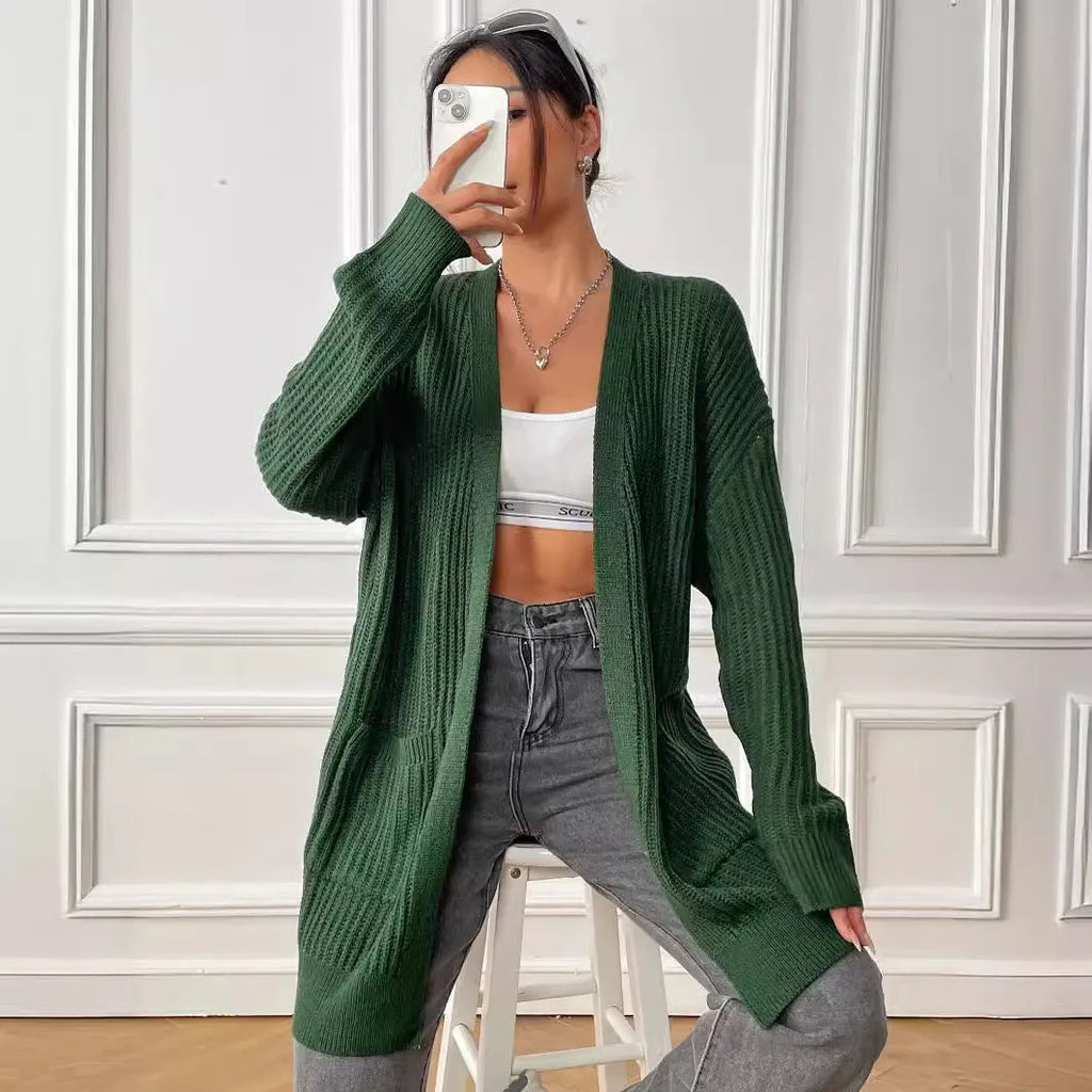 Women's mid-length loose fit cardigan with double pockets in dark green colour