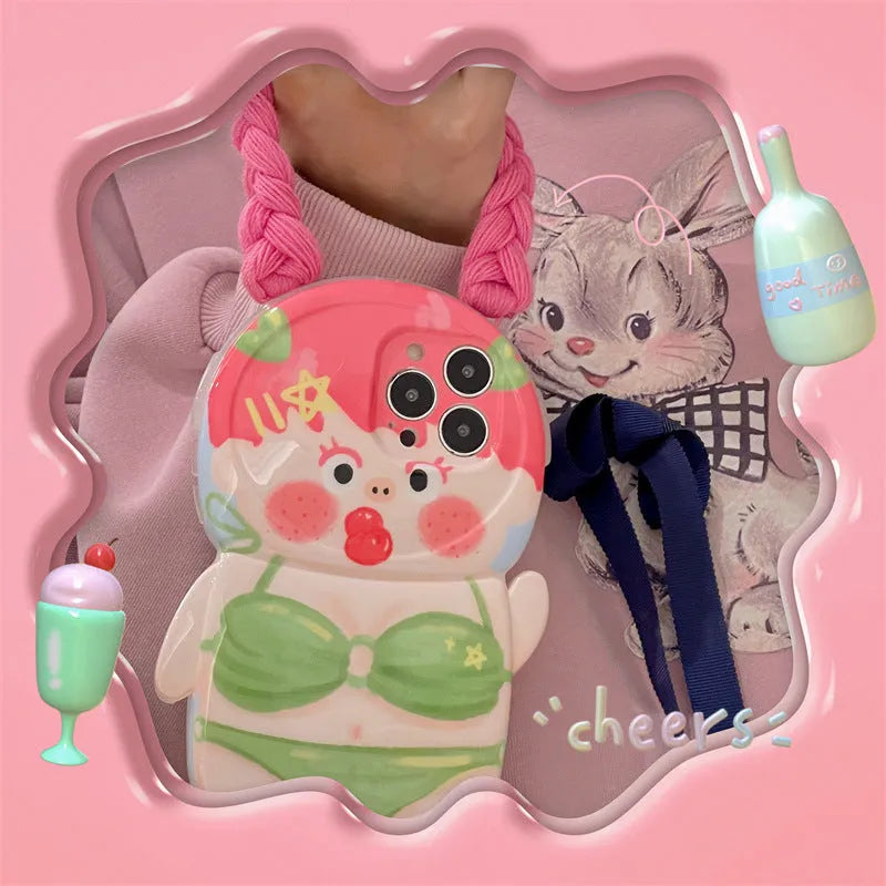 Pink and green cartoon girl summer design silicone case for iPhone