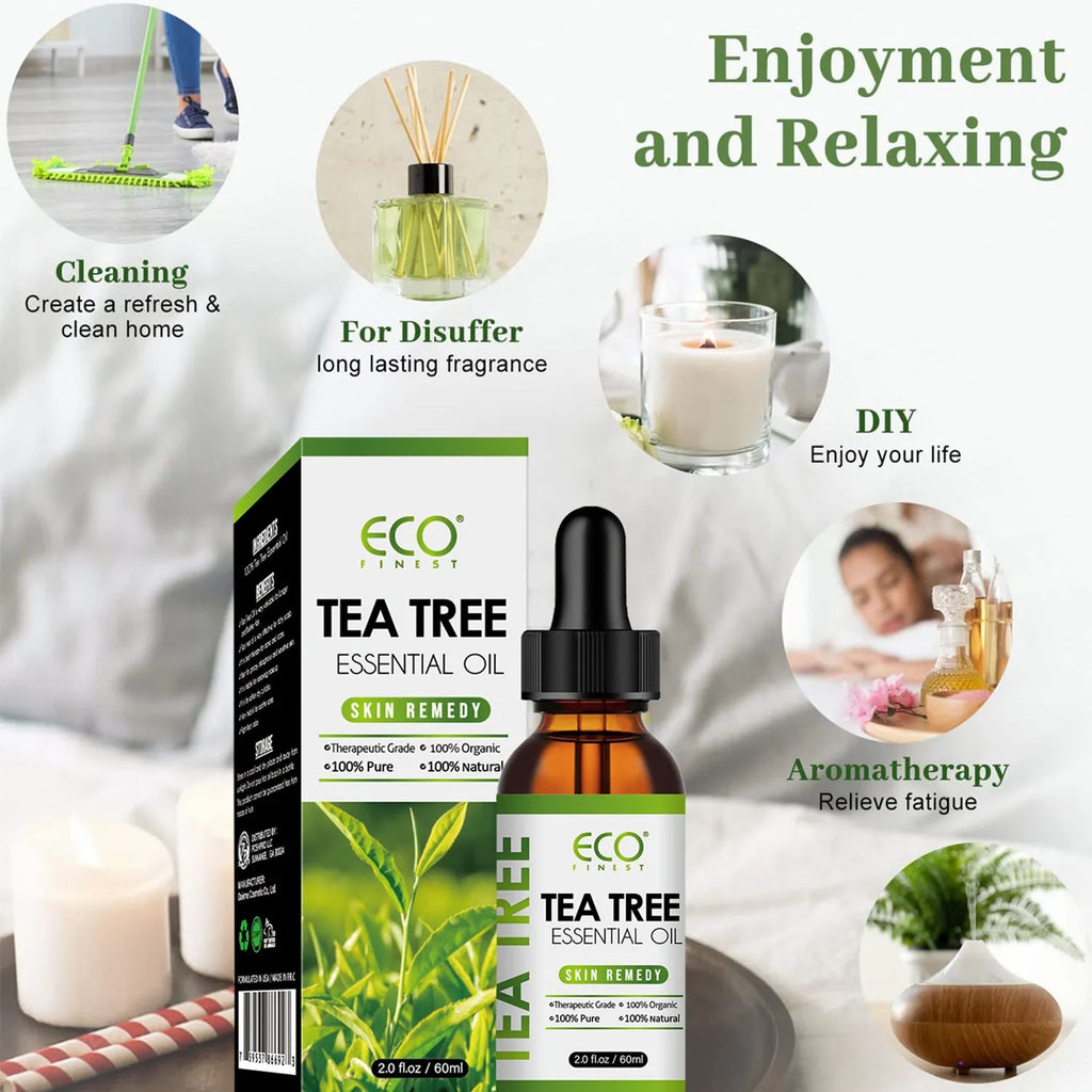 A 60ml glass bottle of pure tea tree essential oil for massage and skincare.