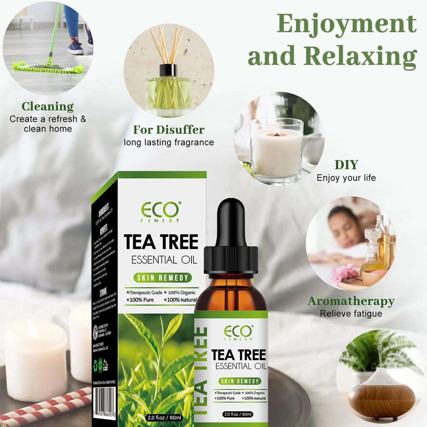 A 60ml glass bottle of pure tea tree essential oil for massage and skincare.