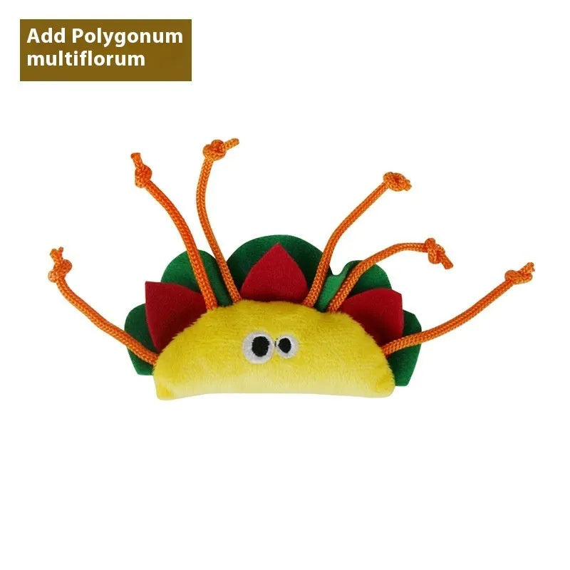 Set of six polygonum multiflorum wood cat dental toys in burrito, cone, cucumber, mushroom, pineapple, and pizza shapes with catnip plush companions
