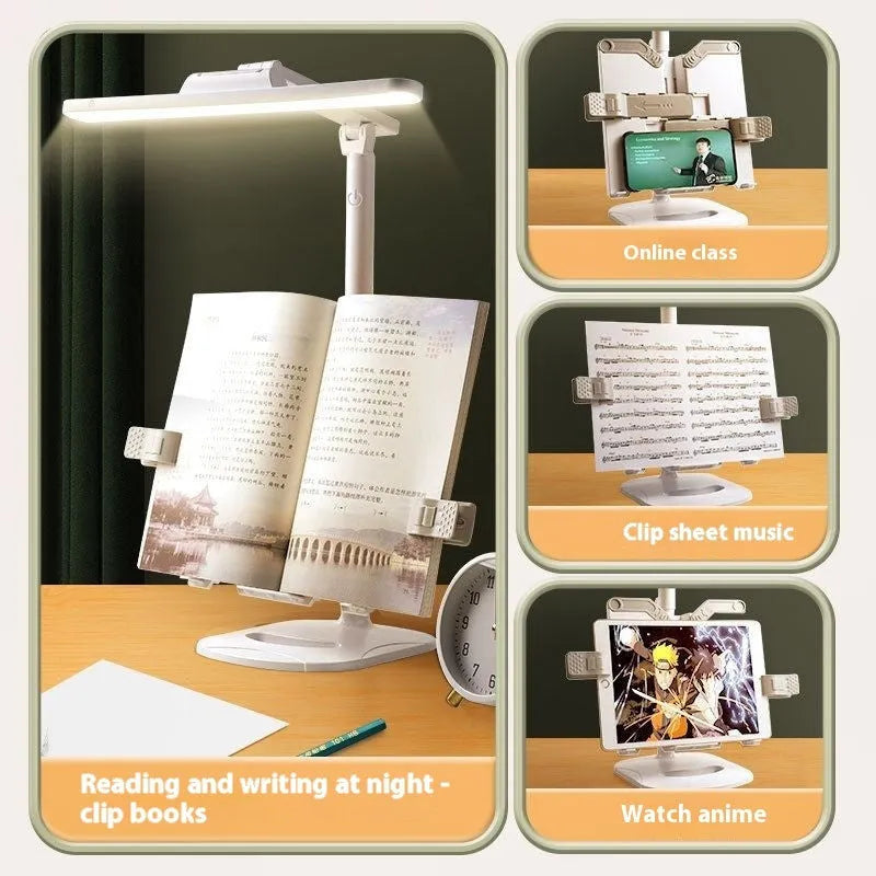 A white adjustable table lamp on a bookshelf with a flexible arm, showing a reading light in use.