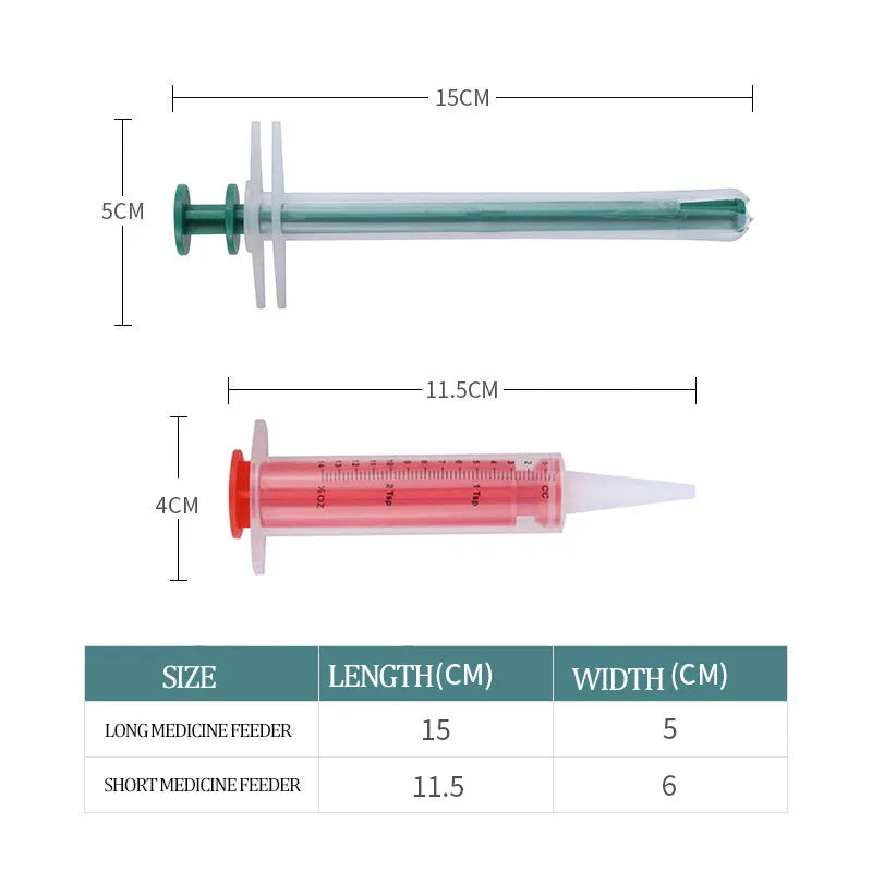 Two pet pill shooters with soft silicone tips for administering tablets to cats and dogs.