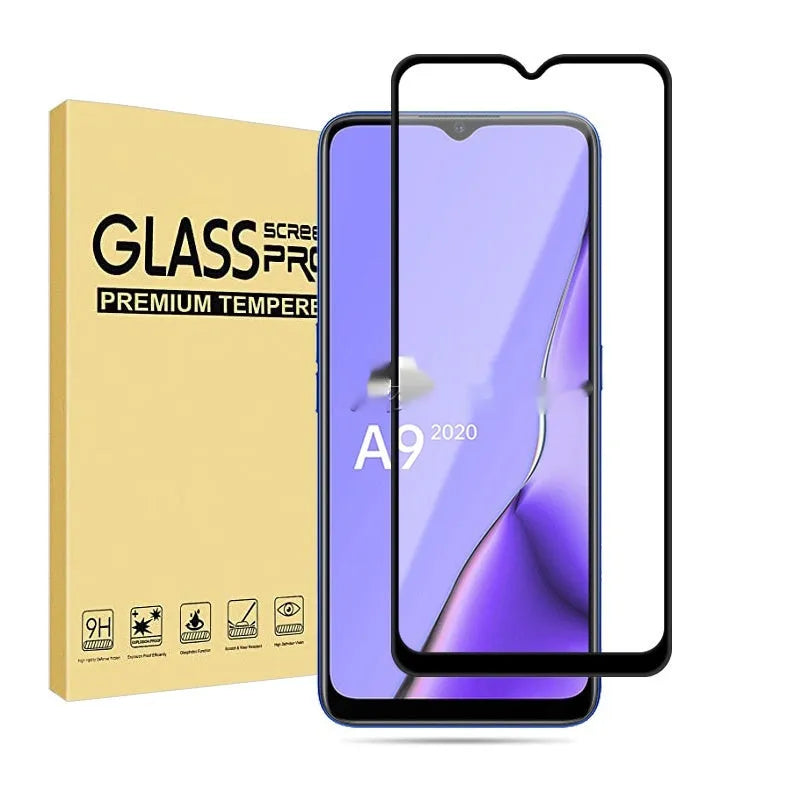 OPPO A9 2020 full screen tempered glass protector with black colour options and anti-fingerprint coating