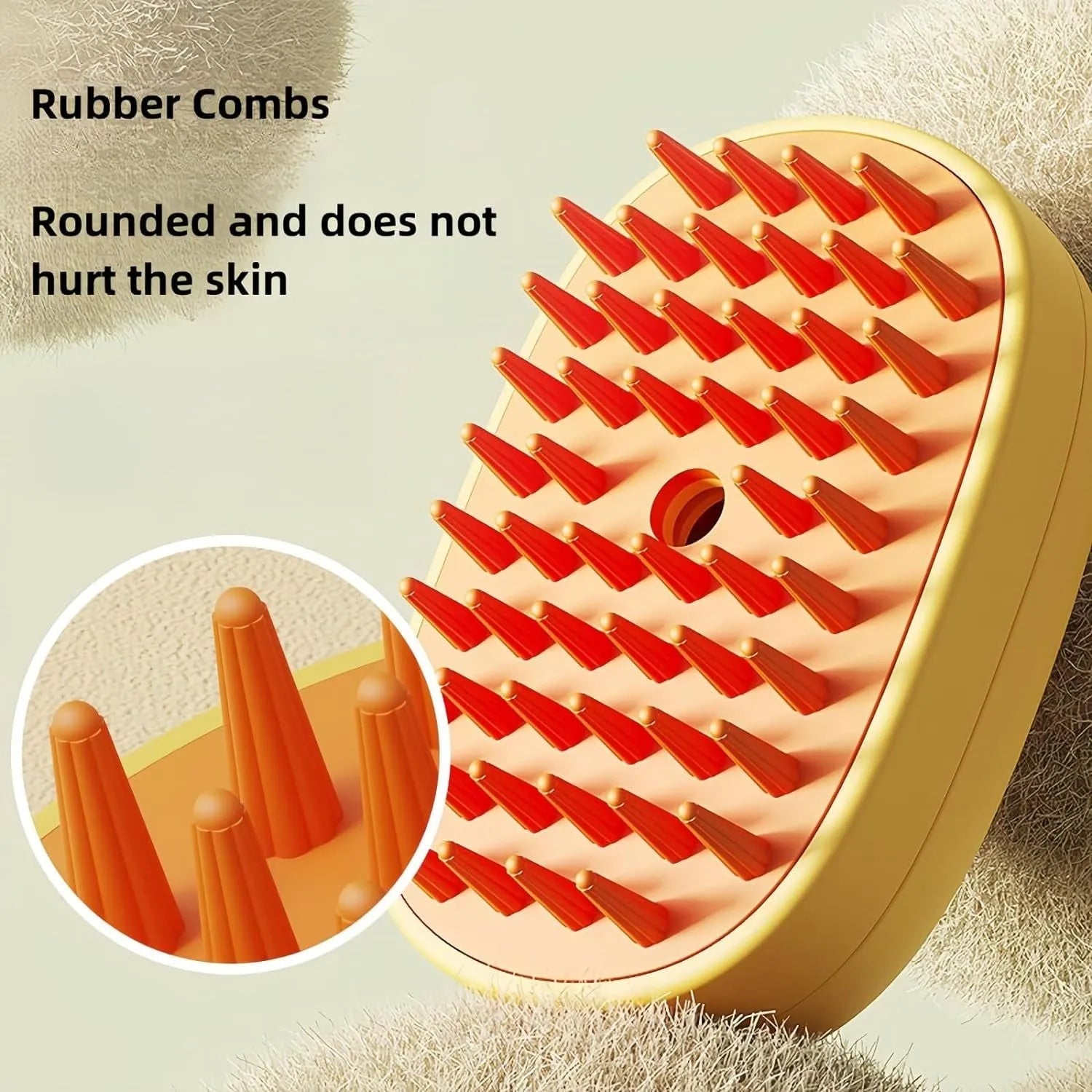 White and yellow silicone steam pet brush for grooming dogs and cats with a water tank.