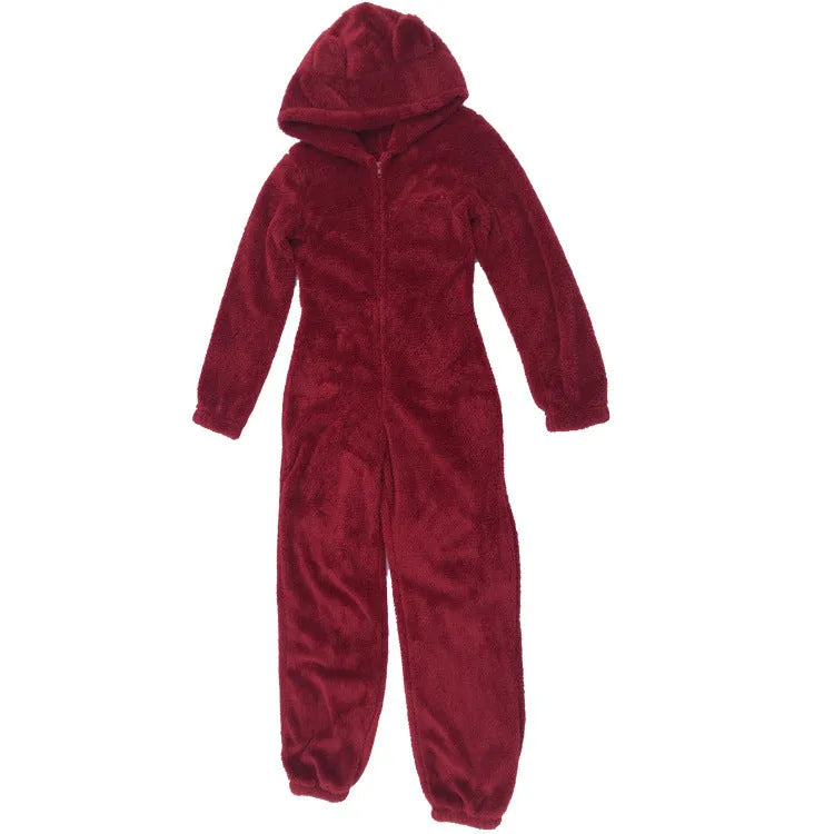 Fleece-lined thickened furry hooded jumpsuit pajamas with zipper in a colour option
