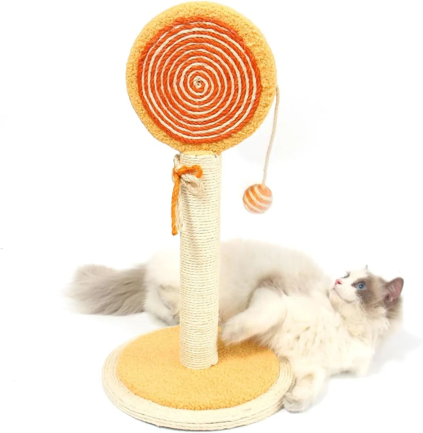 Blue cat scratching post with natural sisal rope, hanging ball, and wide heavy-duty base.