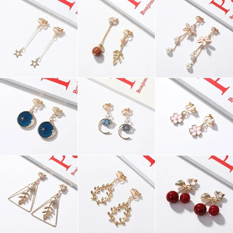 South Korean fashion alloy geometric ear clips with tassel pearl design in silver colour