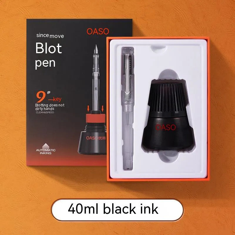Automatic suction pen set with plastic pen, 40ml ink reservoir, and handbag for student writing