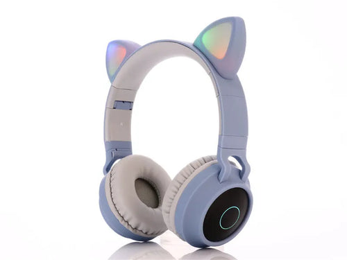 Cartoon-style pink wireless Bluetooth headset with cat ears on headband